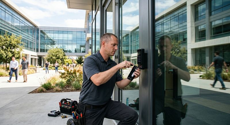 Locksmith installing electronic access control at Silicon Valley office