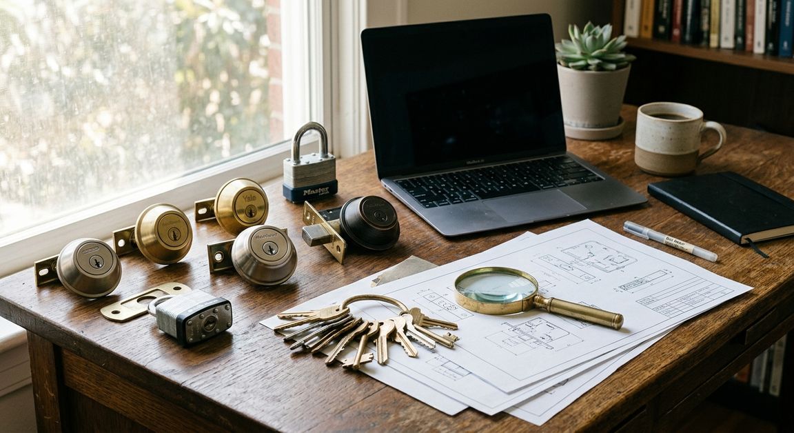 Research desk with lock hardware, keys, and printed reference documents