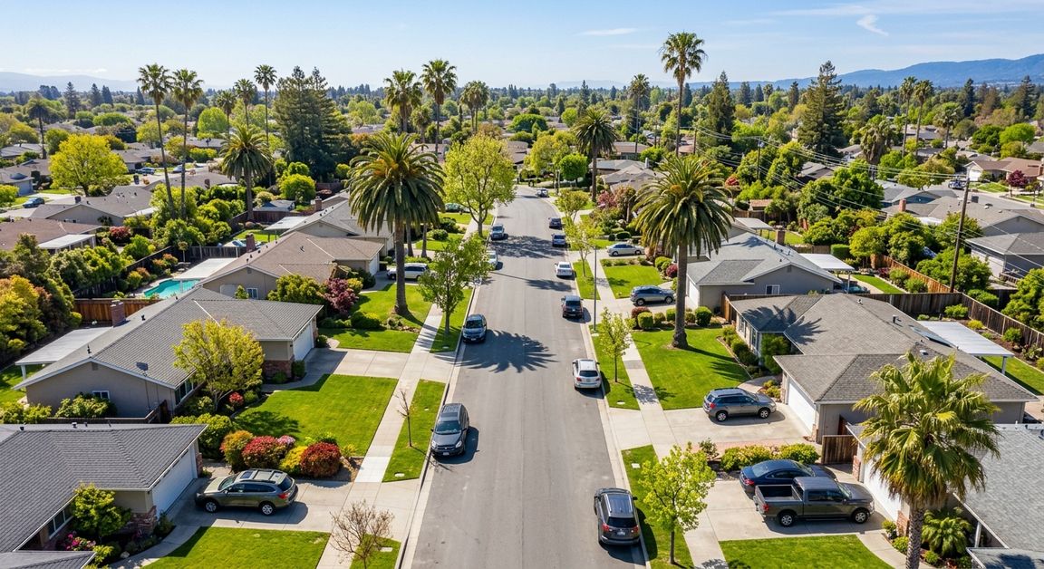 Sunnyvale California suburban street with palm trees and ranch-style homes