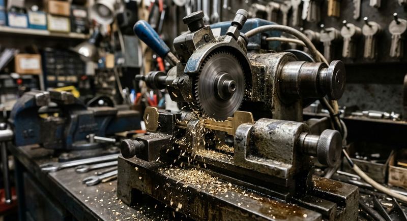 Professional key cutting machine cutting a brass house key