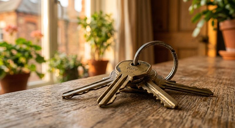 Set of brass house keys on a keyring in warm golden light