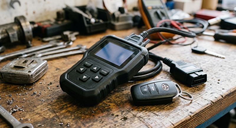 Automotive OBD-II key programming device and car key fob on workbench